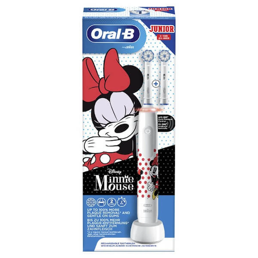 Periuța de dinți electrică reîncărcabilă Oral-B Junior Minnie +6 ani, 2 capete de periere, 1 periuță de dinți