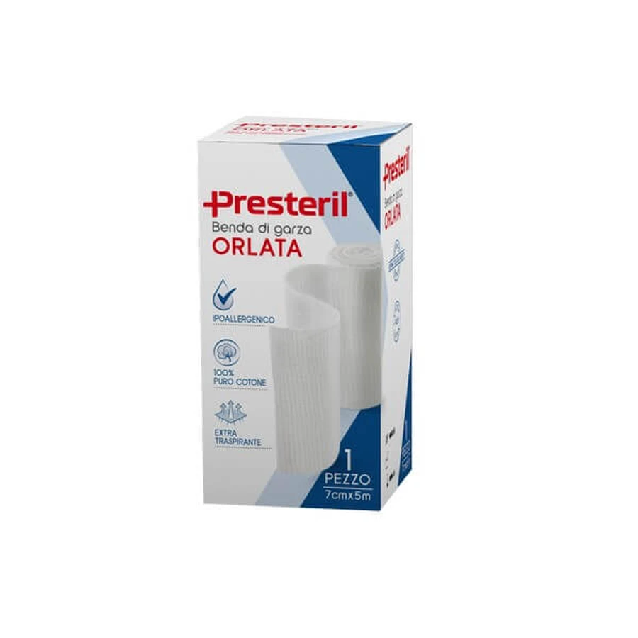 PRESTERIL Omzoomd gaasverband 12/8 F.U. 7 cm x 5 m