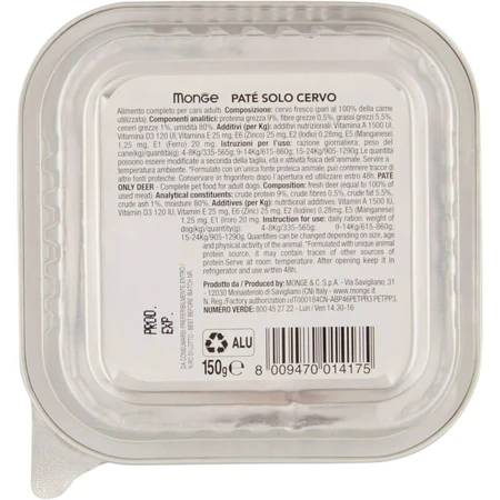 Monge Monoprotein solocervo - volledige voeding voor honden 150 gr.