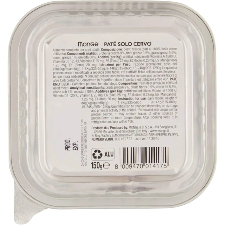 Monge Monoprotein solocervo - volledige voeding voor honden 150 gr.