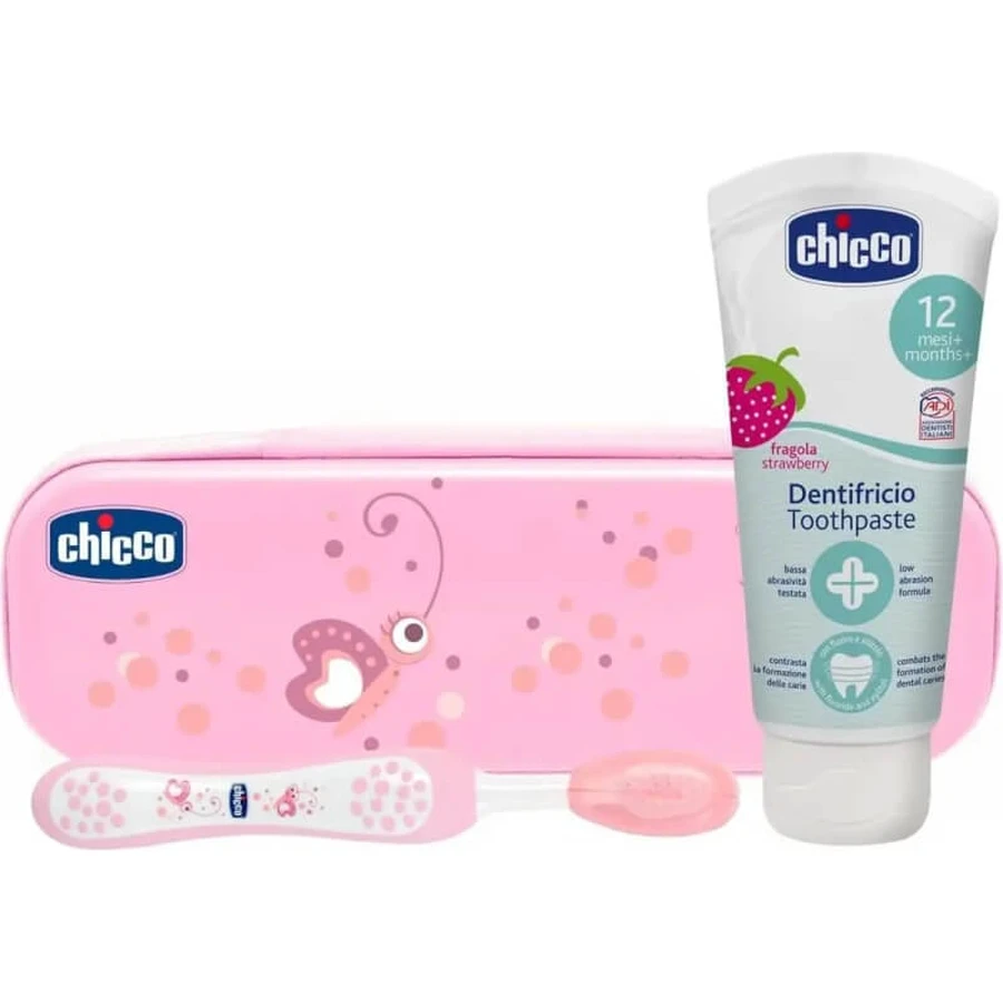 Chicco niebieski zestaw do higieny jamy ustnej etui ze szczoteczką + pasta do zębów truskawka 12m+: ceny i cechy
