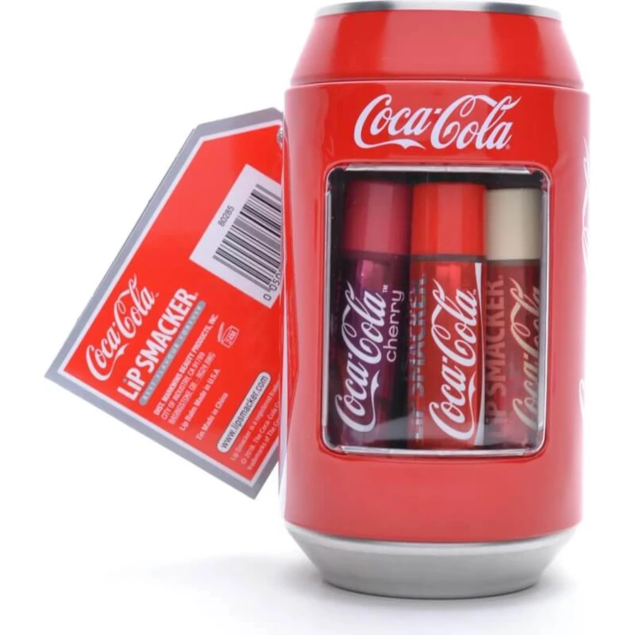 Lippenpflegestift Metalldose mit 6 Coca-Cola-Lippenpflegestiften in verschiedenen Duftrichtungen
