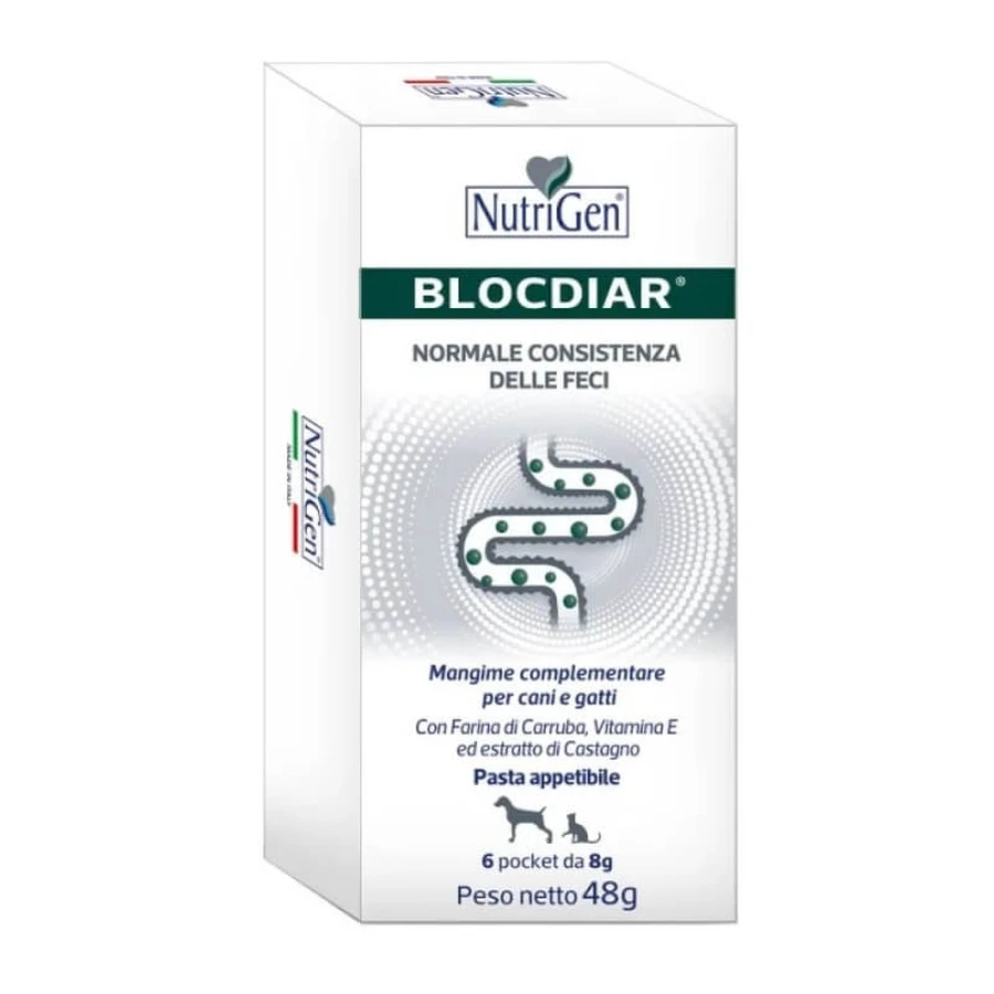Nutrigen Blocdiar - karma uzupełniająca dla psów i kotów dla dobrego samopoczucia jelit 6 saszetek 8 gr.: ceny i cechy