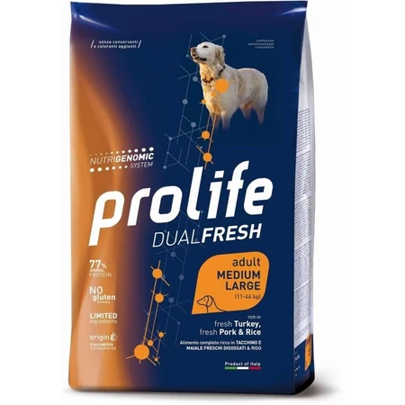 Prolife Dualfresh adult medium large met kalkoen varkensvlees &amp; rijst - volledige voeding voor honden 12 kg