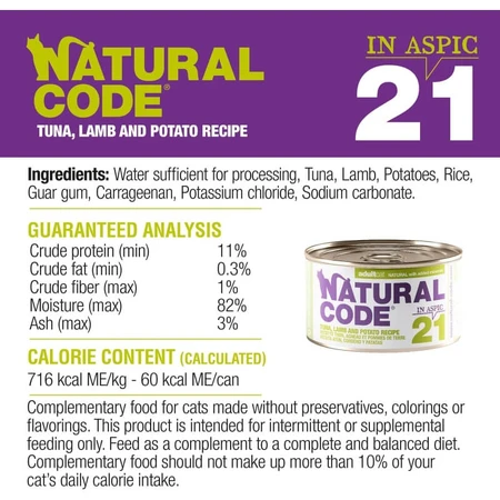 Natural code 21 ton, miel și cartofi - hrană completă pentru pisici adulte 85 g