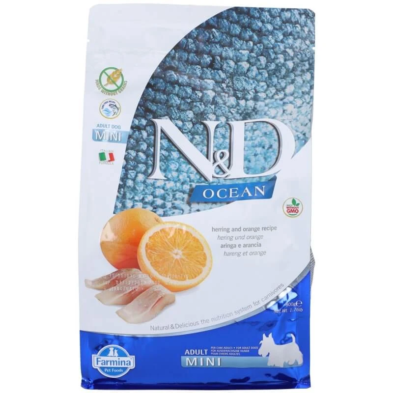 Farmina N&amp;d ocean adult mini haring en sinaasappel - complete voeding voor kleine volwassen honden 800 gr.