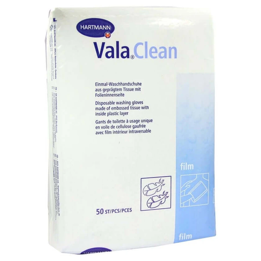 Hartmann ValaClean film disposable washing gloves, 23.5 x 15.5 cm, foil-wrapped 50 pcs.
