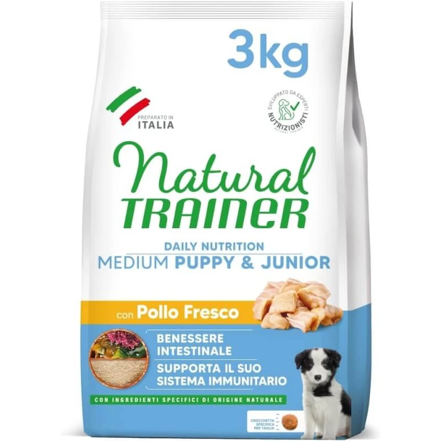 Natural Trainer Dagelijkse voeding voor middelgrote puppy’s en jonge honden met kip – Compleet voer voor middelgrote puppy’s, 3 kg