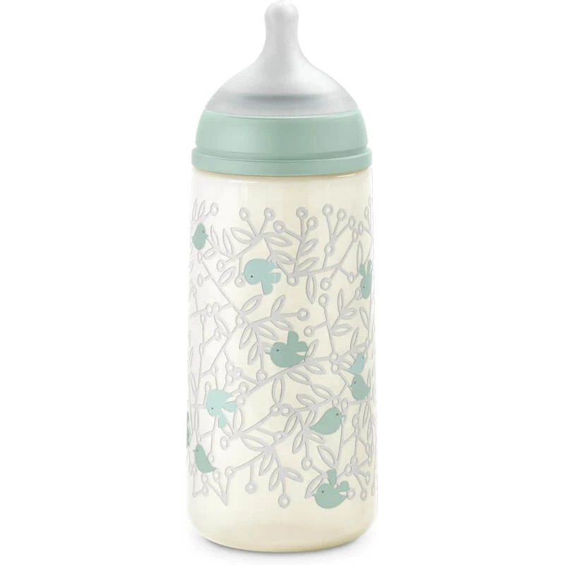Suavinex Birdies - Babyfles met SX Pro-siliconen speen, dikke doorstroming, anti-koliek, vanaf 6 maanden, groen, 360 ml
