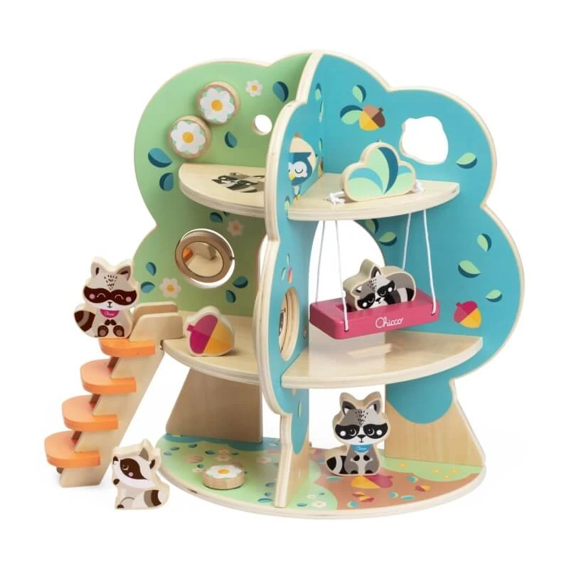 Chicco Grote Wasbeerboom - Houten speelset met 4 wasberen en 10 accessoires