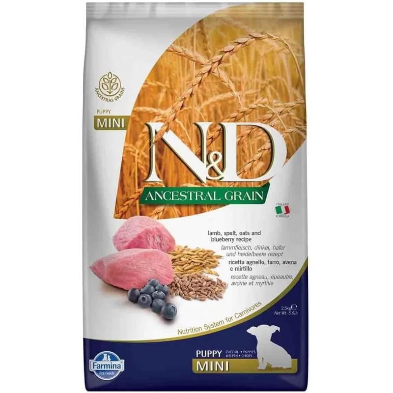 Farmina N&amp;d Ancestral Grain Puppy en Mini met lam en bosbessen - Compleet hondenvoer, 2,5 kg