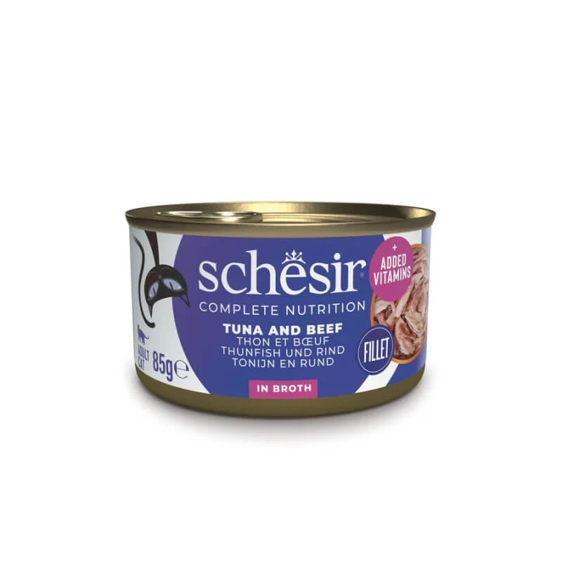 Schesir Cat Complete Nutrition: Tonijn en rundvleesstrookjes met gewone rijst - Natvoer voor katten, 85 g