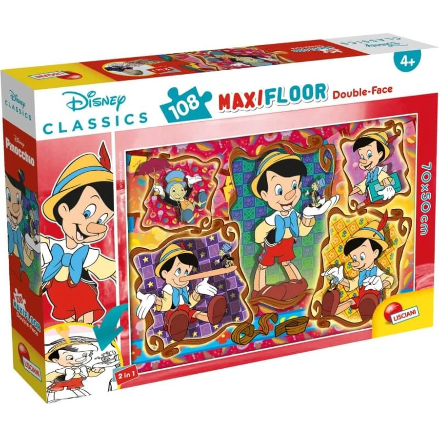 Lisciani Pinocchio dubbelzijdige vloerpuzzel, 108 stukjes, 70 x 50 cm