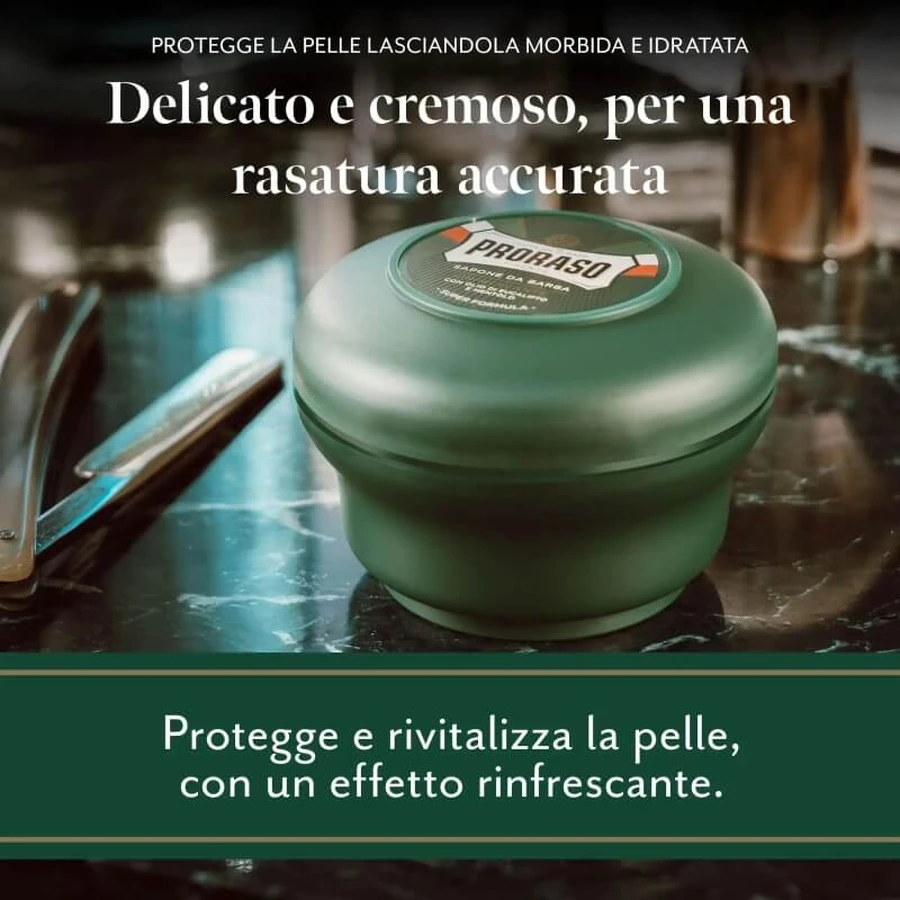 Proraso sapone da barba professionale e rinfrescante con olio di eucalipto e mentolo 150 ml