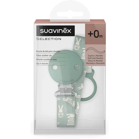 Suavinex Wonder – klips do smoczka z tkaniny z nadrukiem zielonego królika: ceny i cechy