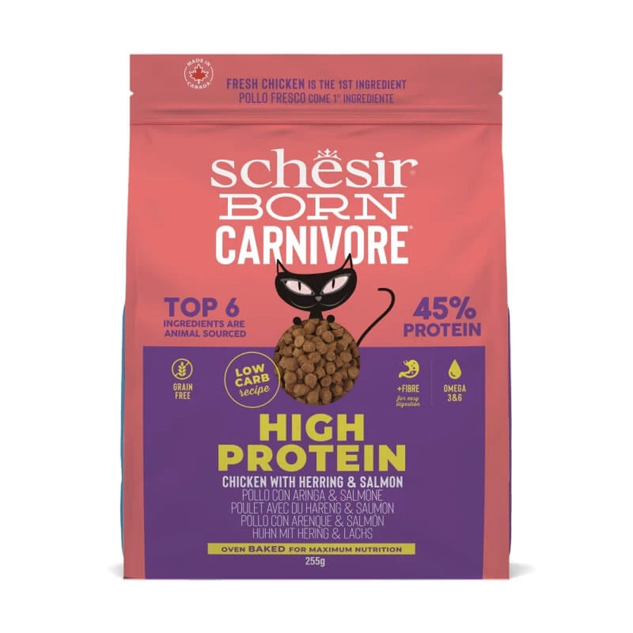 Schesir Born Carnivore au poulet, au hareng et au saumon - Aliment complet pour chats adultes, 255 g