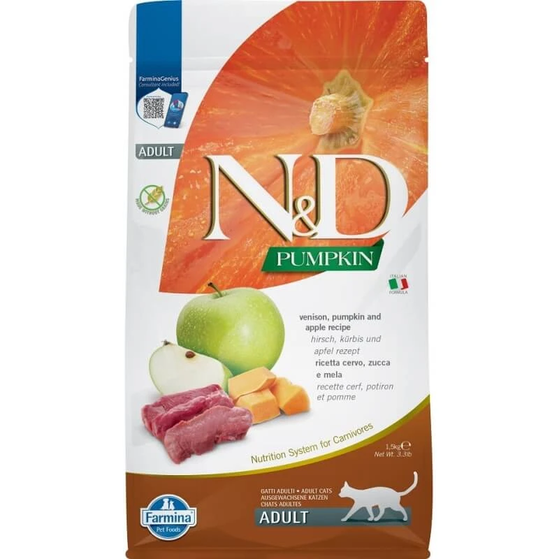 Farmina N&amp;d Pumpkin Adult met hertenvlees, pompoen en appel – Compleet kattenvoer, 1,5 kg