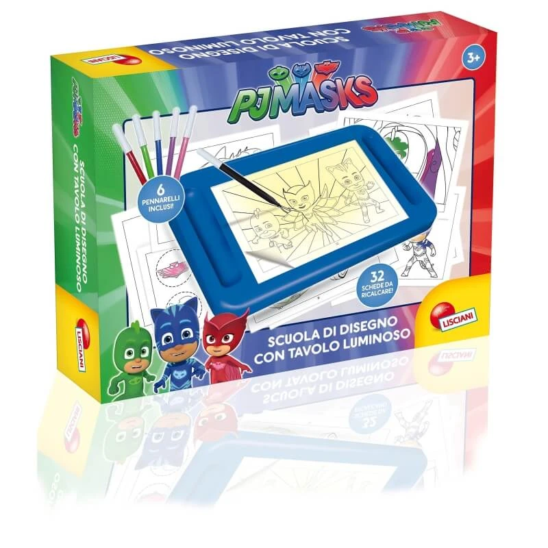 Lisciani PJ Masks-tekenpakket – Lichttafel om te tekenen en over te trekken, met 32 kaarten, 16 vellen en 6 stiften (A4-formaat)