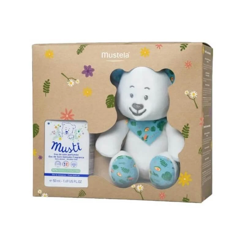 Mustela Musti-cadeauset – Alcoholvrij geparfumeerd water voor kinderen, 50 ml + knuffelbeertje