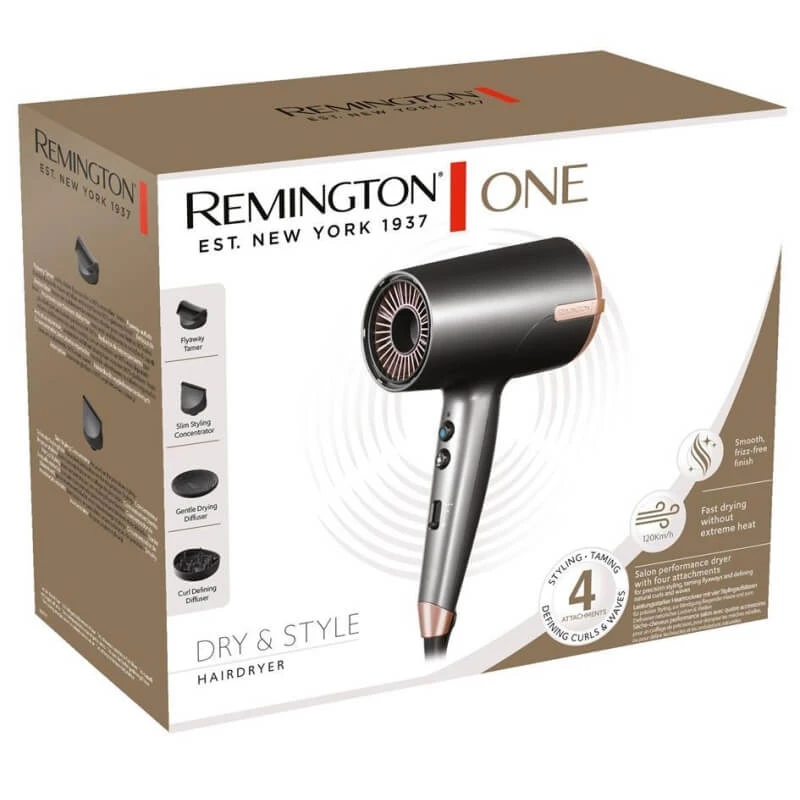Remington One Dry &amp; Style - Haardroger met Thermacare-sensor, ionische technologie, 2000 W en 4 bronzen accessoires