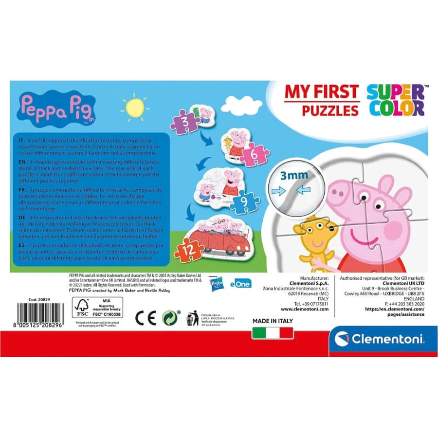 Clementoni Supercolor Mijn eerste Peppa Pig-puzzel – 4 puzzelstukjes in verschillende vormen, vanaf 2 jaar