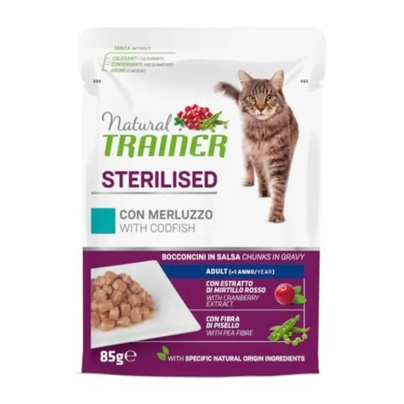 Natural Trainer Gesteriliseerde kabeljauw – Hapjes in saus voor gesteriliseerde volwassen katten, 85 g