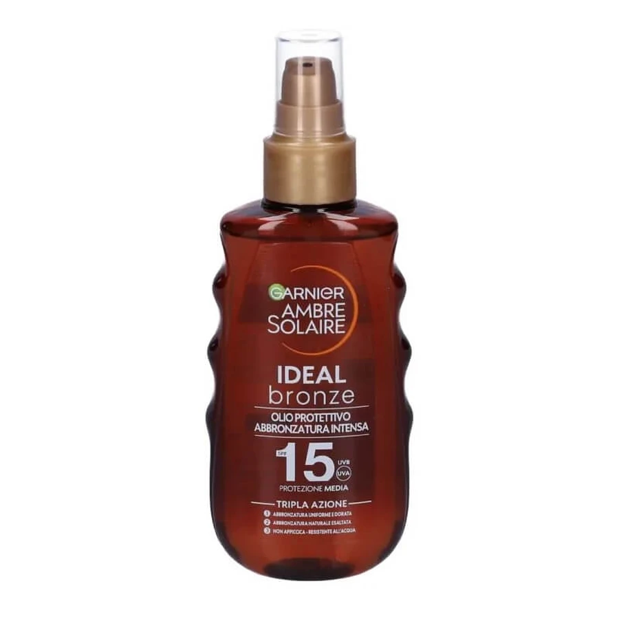 Protector solar Garnier SPF 15, Ambre Solaire Ideal Bronze Oil, Bronceado intenso, Protección media, 150 ml