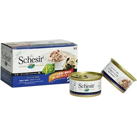 Schesir voor honden, multipack met tonijn en zeebaars – Volledig voer voor volwassen honden, 4 x 85 g