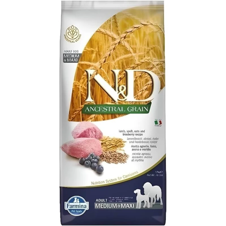 Farmina N&amp;d Ancestral Grain: Farro, haver, lamsvlees, bosbessen – Compleet voer voor volwassen honden van middelgroot en groot formaat, 12 kg