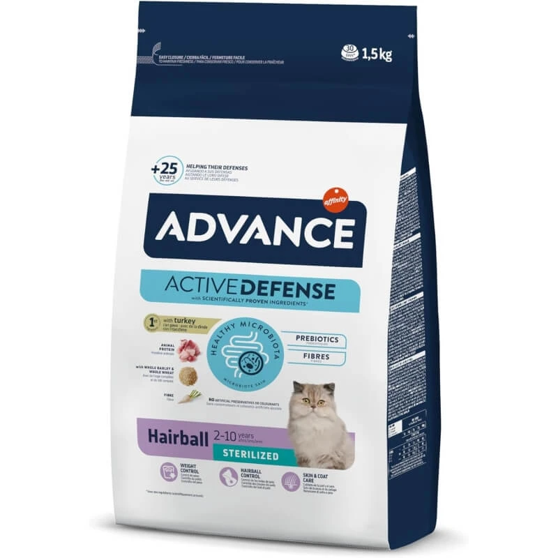 Advance Activedefense Turkey - Compleet voer voor gecastreerde volwassen katten, tegen haarballen, 1,5 kg