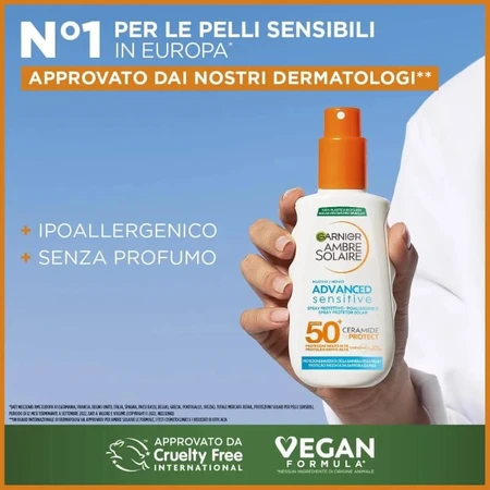 Garnier Zonnebrandcrème SPF 50+ Spray, Ambre Solaire Sensitive voor volwassenen, Ceramide Protect, zeer hoge bescherming, 150 ml