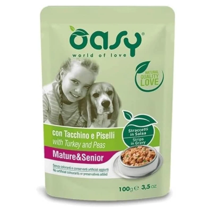 Oasy Straccetti z indykiem i sosem groszkowym dla starszych psów, 100 g: ceny i cechy