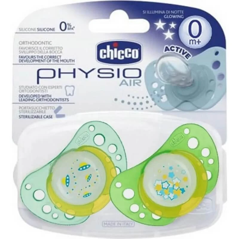Chicco Physio Air - Lumi siliconenfopspeen, vanaf 0 maanden, 2 fopspenen in diverse kleuren