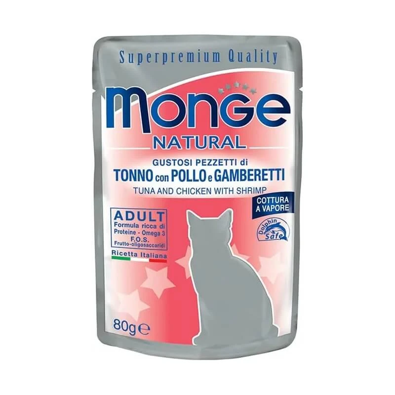 Monge Natural voor volwassen honden - Stukjes tonijn met kip en garnalen  80 gr