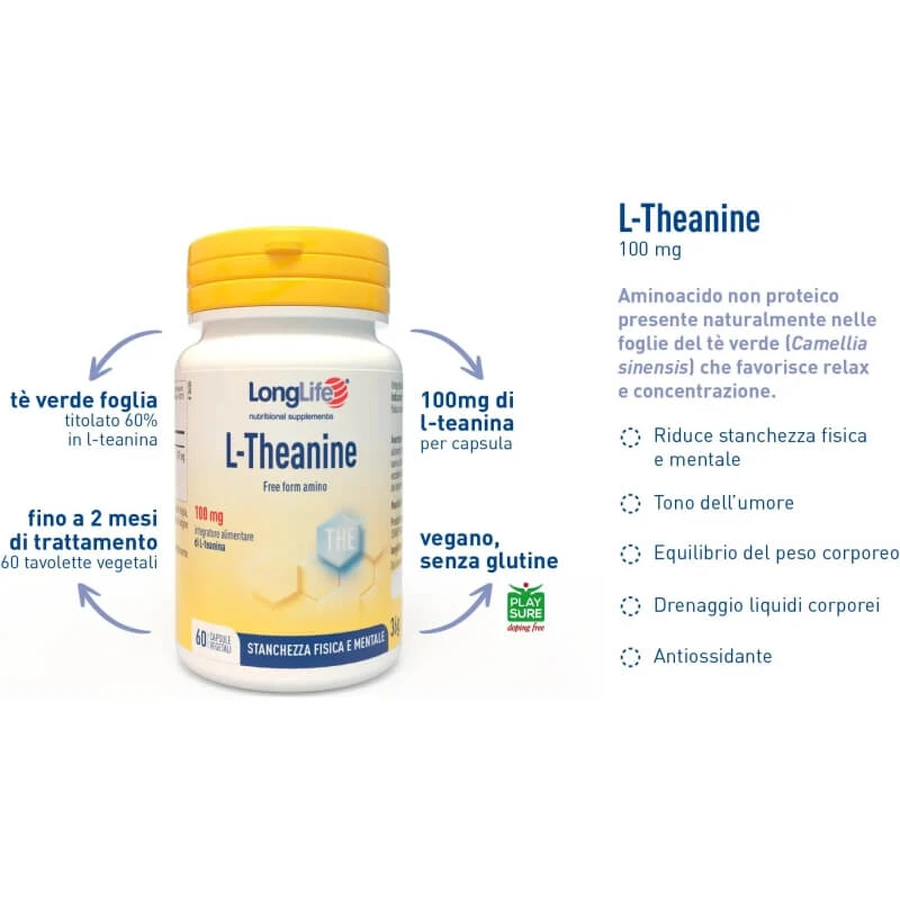 Longlife L-Theanine 60 capsules - Voedingssupplement tegen lichamelijke en geestelijke vermoeidheid