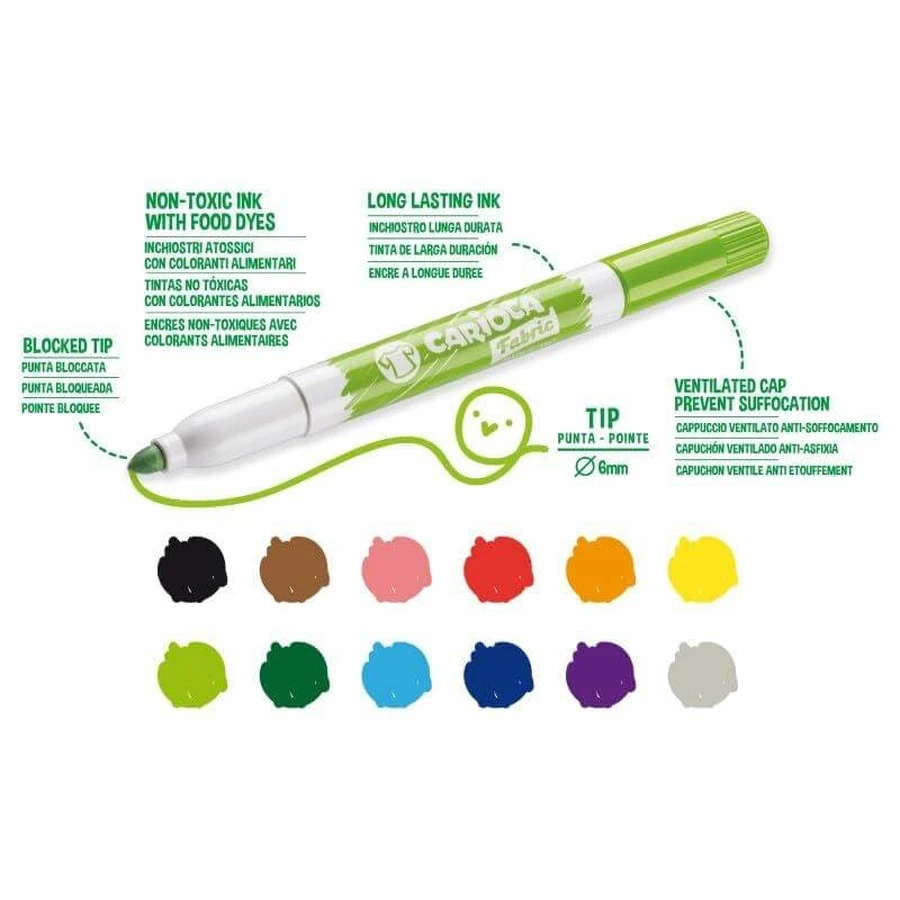 Carioca Fabric – 12 nietoksycznych, zmywalnych markerów do tkanin z blokadą końcówki: ceny i cechy