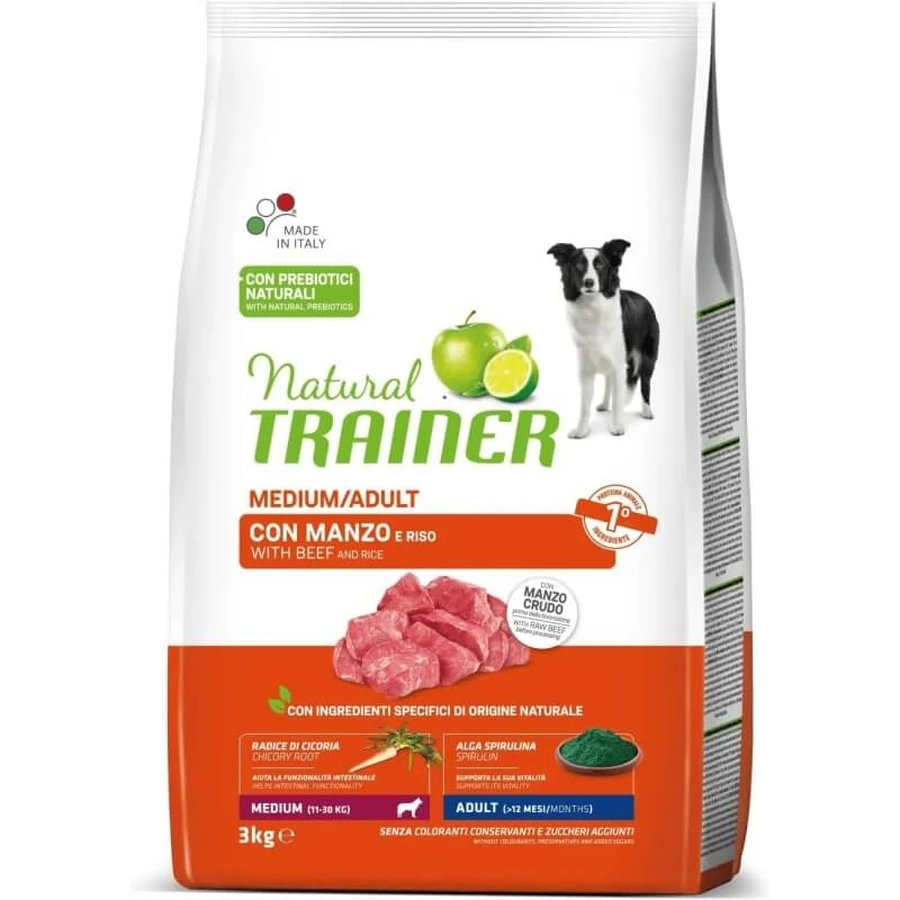 Natural Trainer para perros adultos de tamaño mediano con ternera y arroz - Alimento completo para perros adultos de tamaño mediano, 12 kg