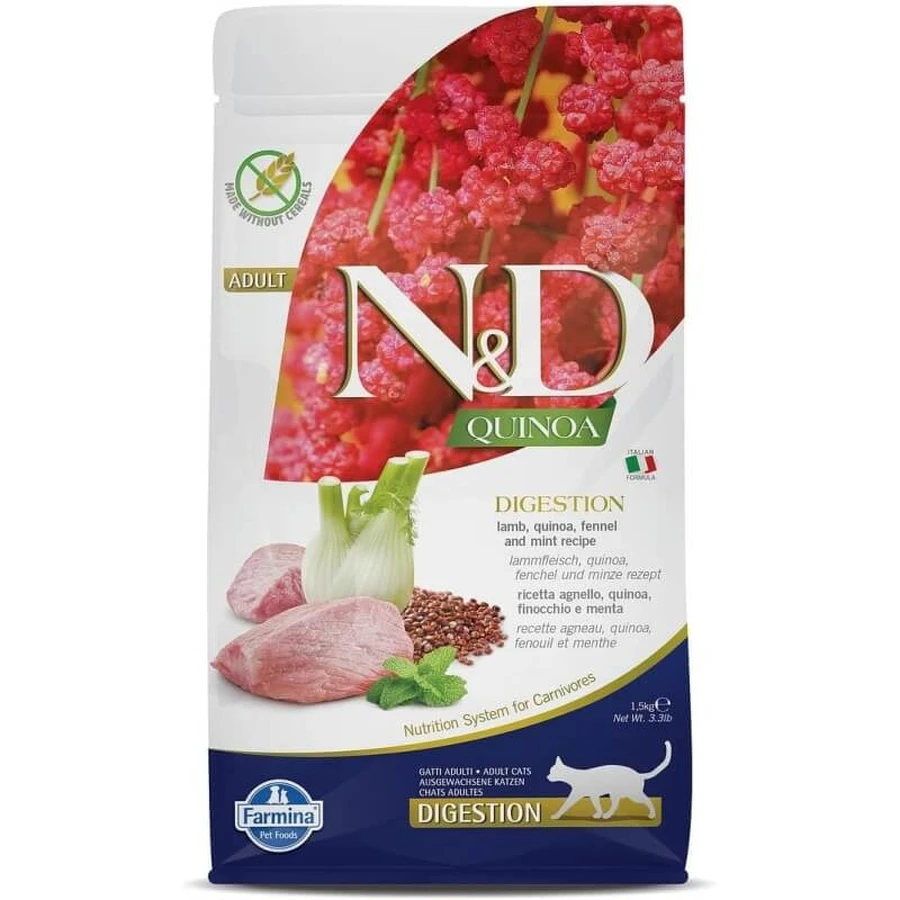 Farmina N&amp;d Quinoa Digestion Adult Lam, Quinoa, Venkel en Munt - Compleet voer voor katten met spijsverteringsproblemen, 1,5 kg