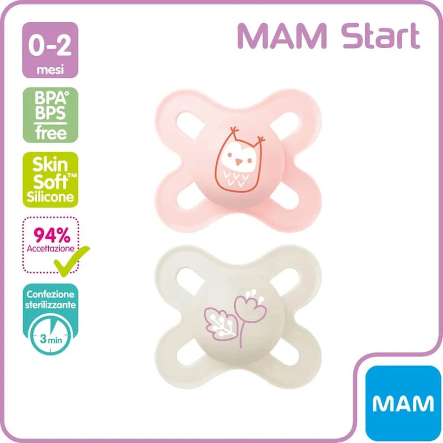 Mam Start nano – 2 Schnuller mit Silikonsaugern, 0–2 Monate, rosa