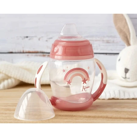Kiokids Cană de învățare pasul 1 cu mânere, 270 ml – culoare roz, 6+ luni