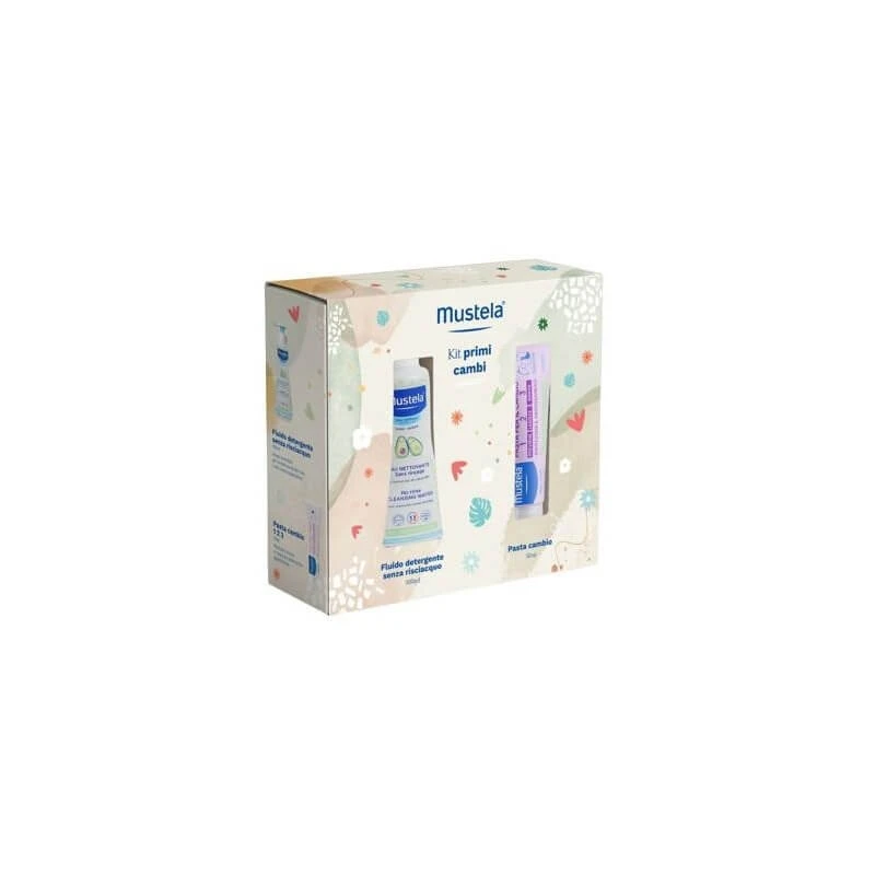 Mustela-luieropbergset – Reinigingsvloeistof, 1 2 3-luiercrème en luieropberger
