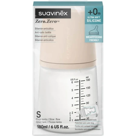 Suavinex zero zero slow +0m - biberon anticolica con flusso lento 180 ml - light nude