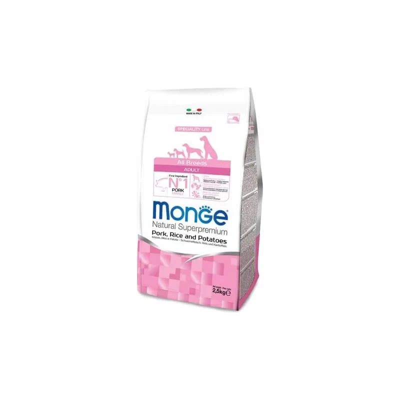 Monge Natural Superpremium Droogvoer voor volwassen honden van alle rassen met varkensvlees, rijst en aardappel, 2,5 kg