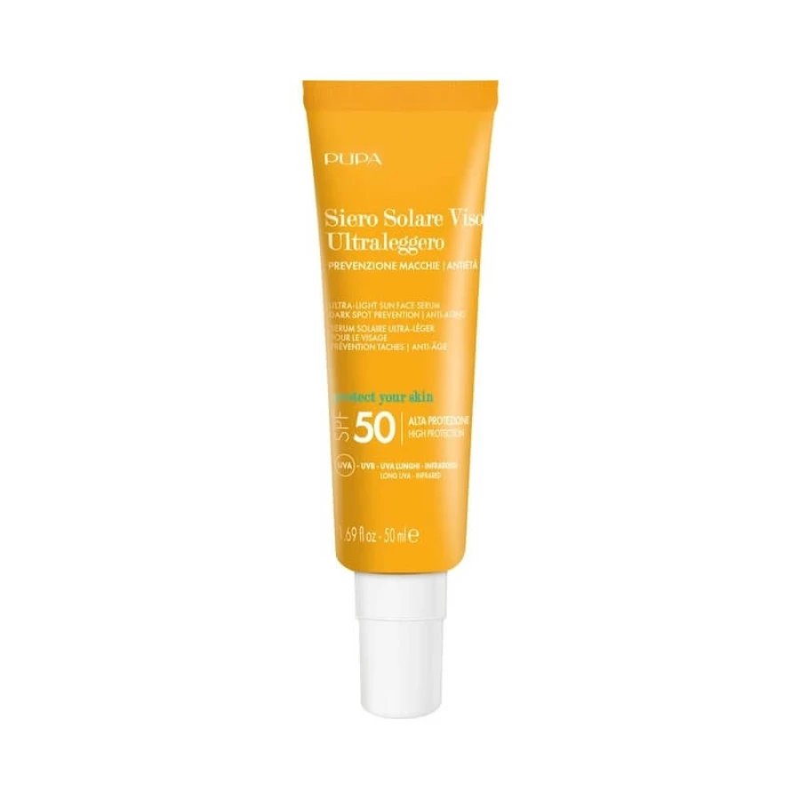 Pupa Face Zonnebrandcrème SPF 50, ultralicht zonnenserum, bescherming tegen huidveroudering en pigmentvlekken, hoge beschermingsfactor, 50 ml