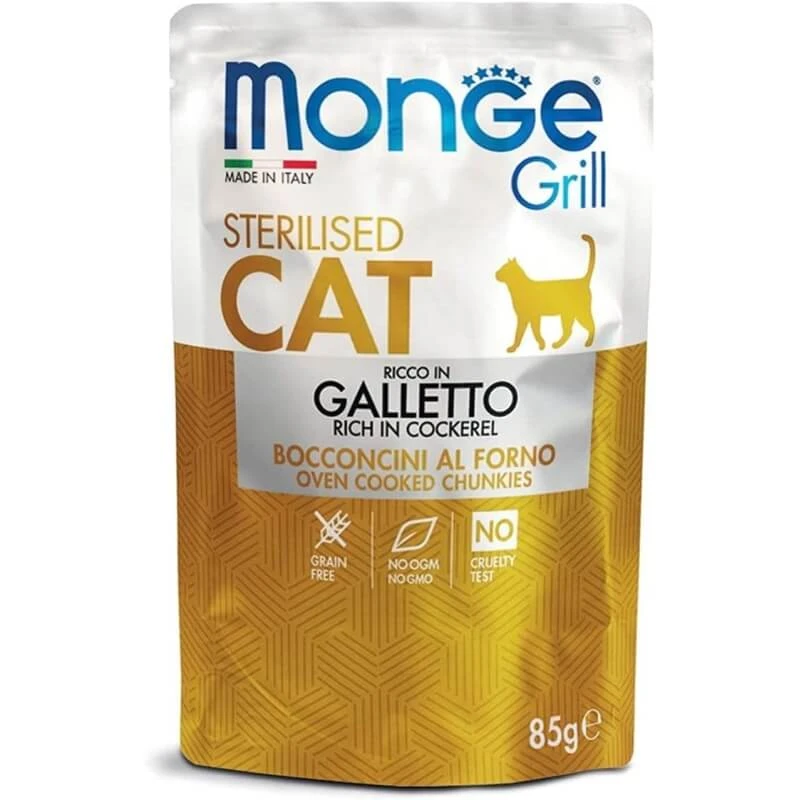 Monge Grill Gesteriliseerde Kattenhapjes: In de oven gebakken jonge haan – Compleet voer voor gesteriliseerde katten, 85 g