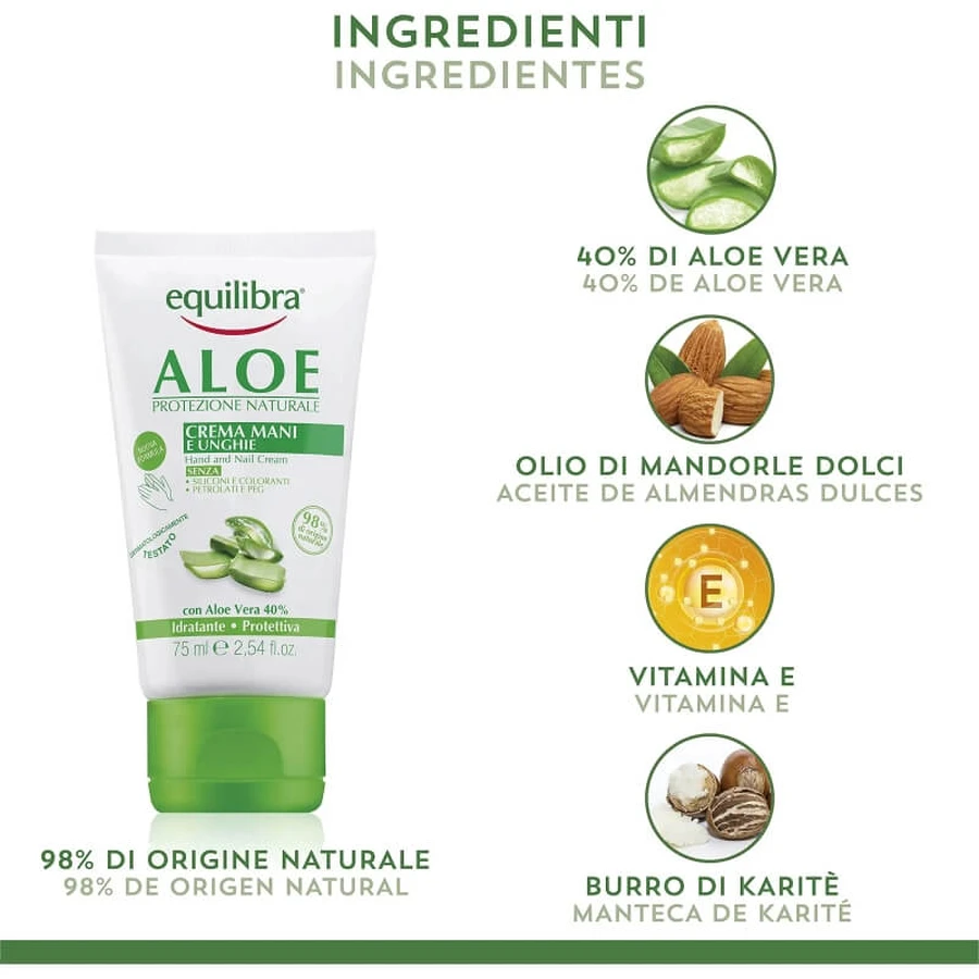 Equilibra Aloe - Crema hidratante y protectora para manos y uñas, 75 ml