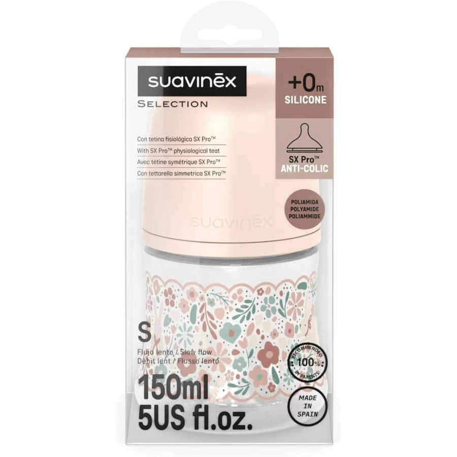 Suavinex Wonderland - Biberón de flujo lento - Estampado Liberty rosa, 150 ml