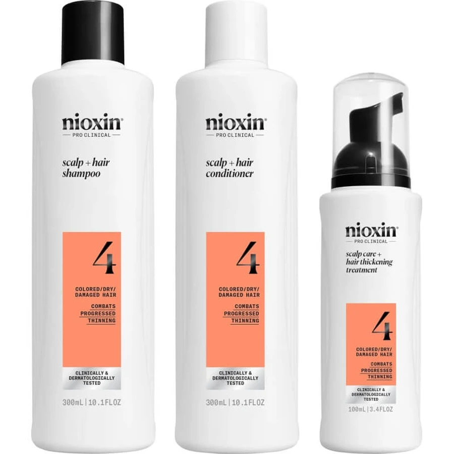 Set Nioxin System 4 – trusă pentru volum: șampon 300 ml + balsam 300 ml + tratament 100 ml