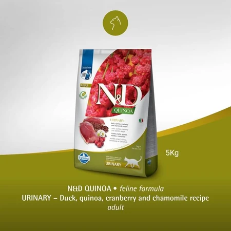 Farmina N&amp;d Urinary Quinoa mit Ente, Heidelbeere und Kamille – Alleinfuttermittel für ausgewachsene Katzen, 5 kg