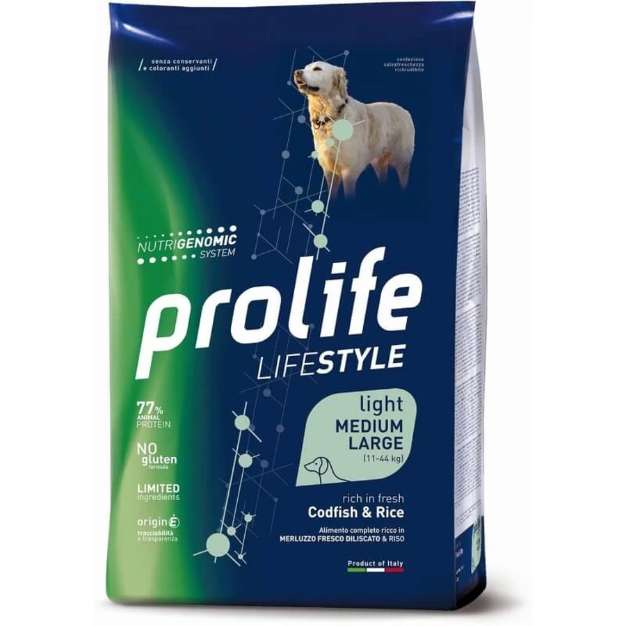Prolife Cane Lifestyle Light Kabeljauw en Rijst - Compleet voer voor volwassen honden met overgewicht (middelgroot/groot), 12 kg